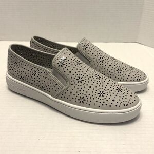 Michael Kors Kane Slip On Sneakers  Size 7.5 Gray Floral Cutouts Leather Uppers